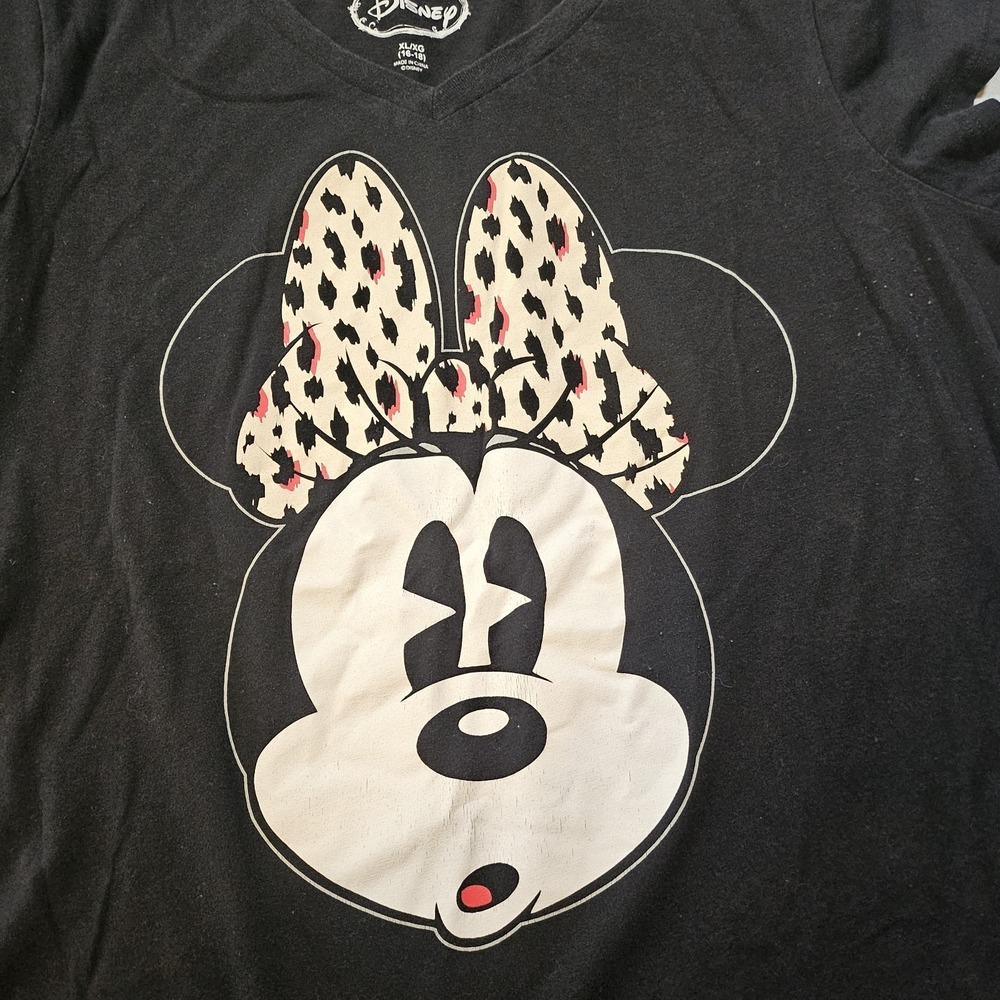 Disney Mini Mouse Cheeta Print Bow V-Neck Short SleeveT-Shirt Women Black SZ Xl
